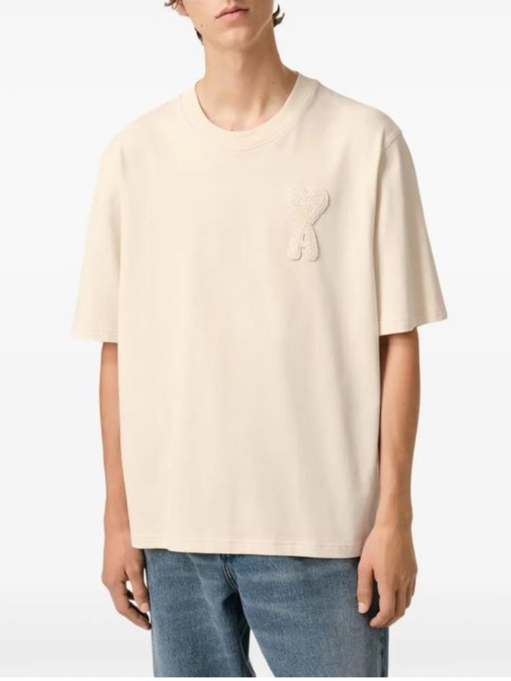 NWT AMI Paris Ami de Coeur Tonal Knitted Patch T-Shirt White Cream-M